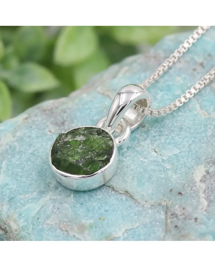 Raw Chrome Diopside Pendant Necklace - 925 Sterling Silver Jewelry