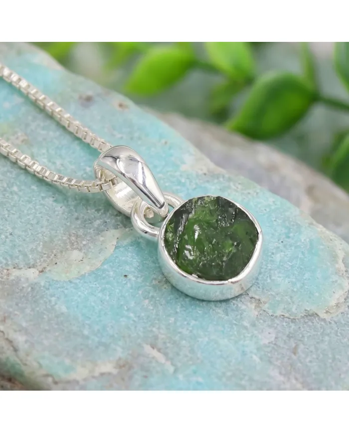 Raw Chrome Diopside Pendant Necklace - 925 Sterling Silver Jewelry