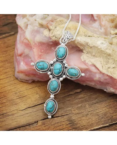 Tibetan Turquoise Cross Pendant - 925 Sterling Silver Necklace