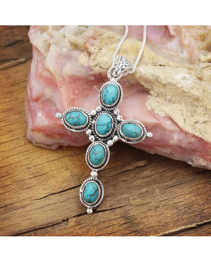 Tibetan Turquoise Cross Pendant - 925 Sterling Silver Necklace