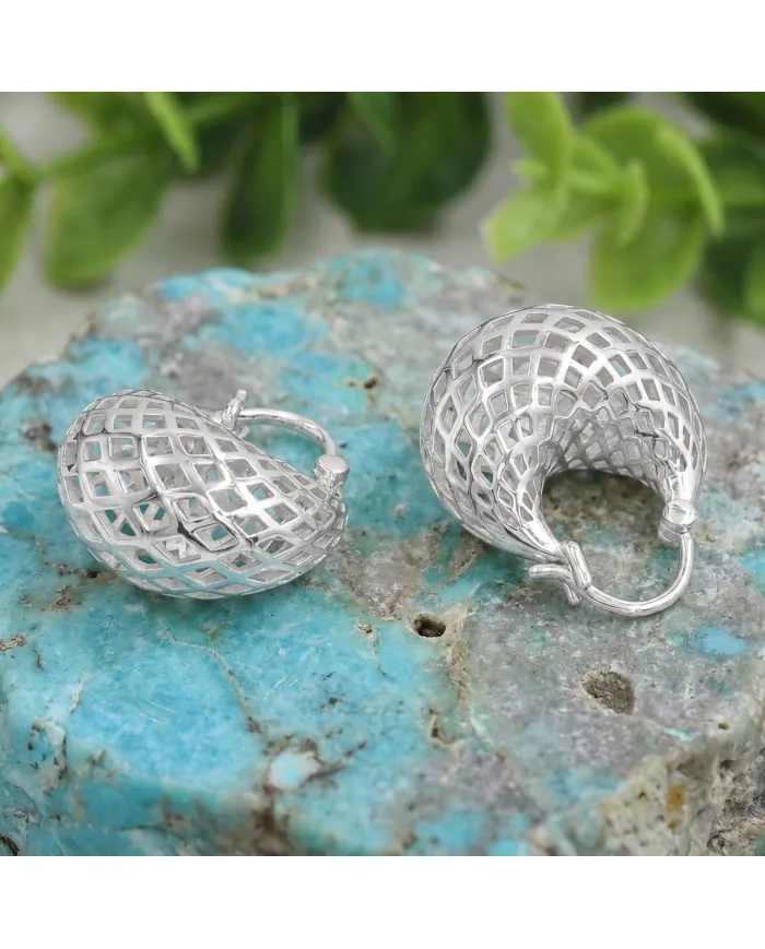 925 Sterling Silver Mesh Hoop Earrings | Basket Weave Hoop Earrings