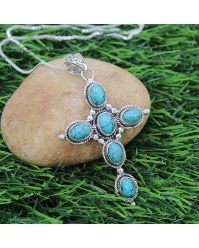 Tibetan Turquoise Cross Pendant - 925 Sterling Silver Necklace