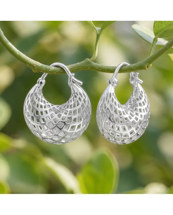 925 Sterling Silver Mesh Hoop Earrings | Basket Weave Hoop Earrings