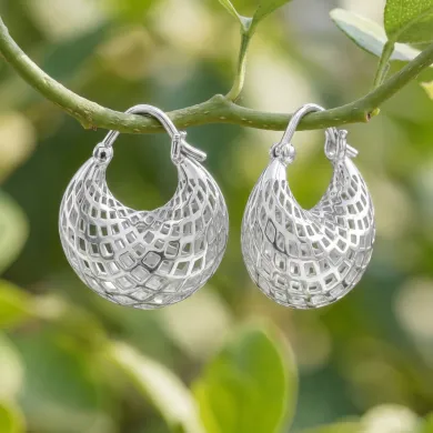 925 Sterling Silver Mesh Hoop Earrings | Basket Weave Hoop Earrings