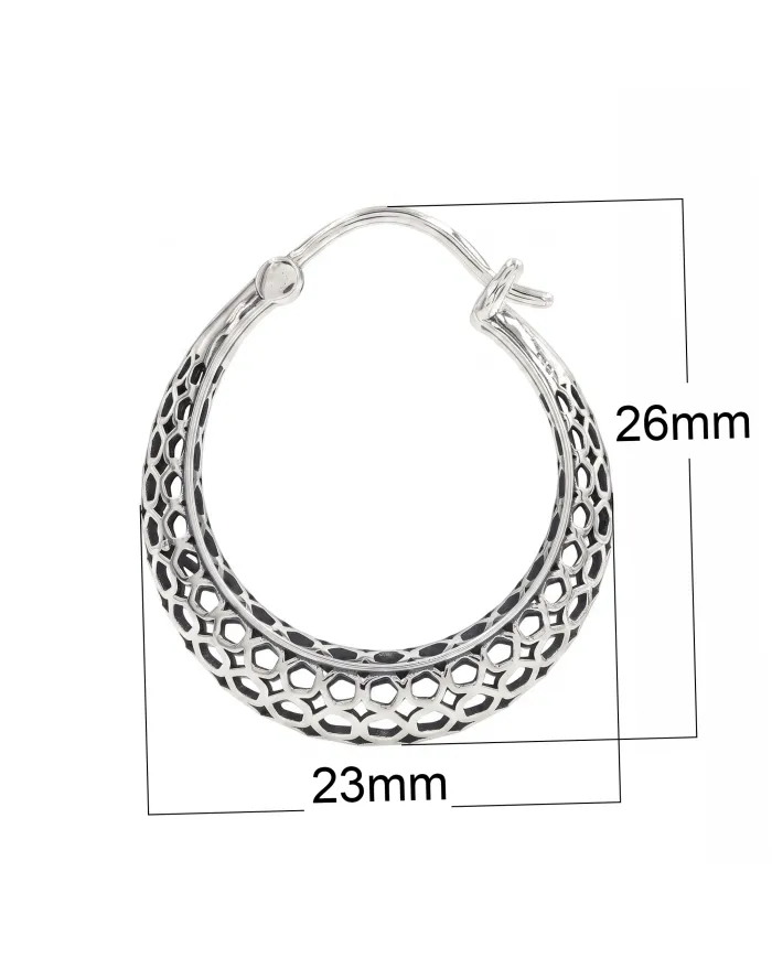 925 Sterling Silver Mesh Filigree Basket-Weave Hoop Earrings