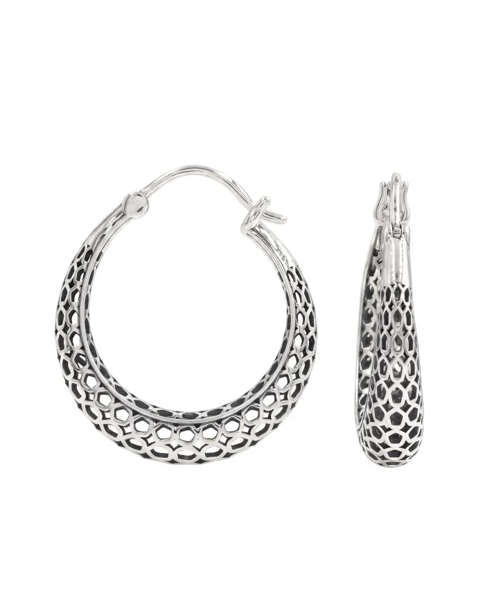 925 Sterling Silver Mesh Filigree Basket-Weave Hoop Earrings