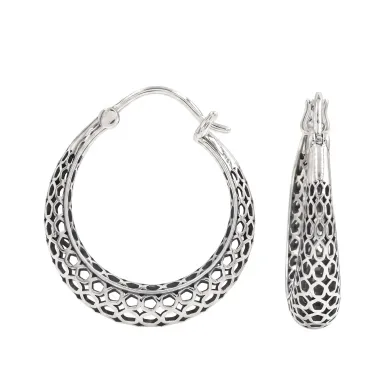 925 Sterling Silver Mesh Filigree Basket-Weave Hoop Earrings