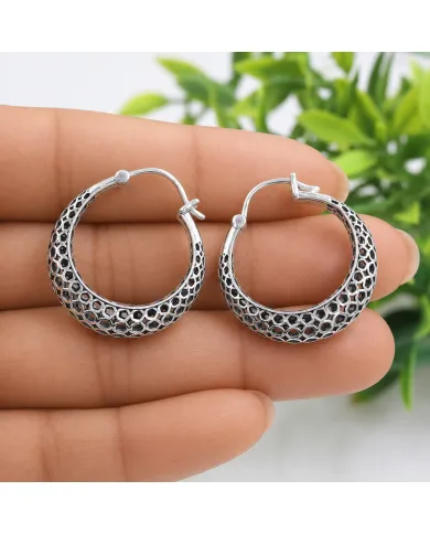 925 Sterling Silver Mesh Filigree Basket-Weave Hoop Earrings