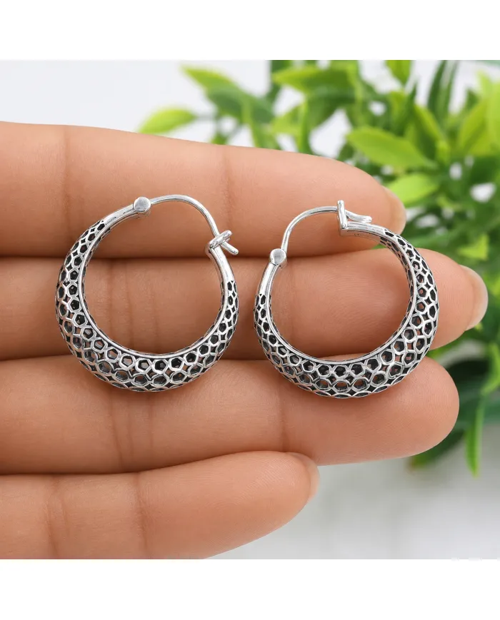 925 Sterling Silver Mesh Filigree Basket-Weave Hoop Earrings