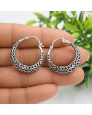 925 Sterling Silver Mesh Filigree Basket-Weave Hoop Earrings
