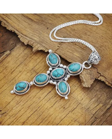 Tibetan Turquoise Cross Pendant - 925 Sterling Silver Necklace