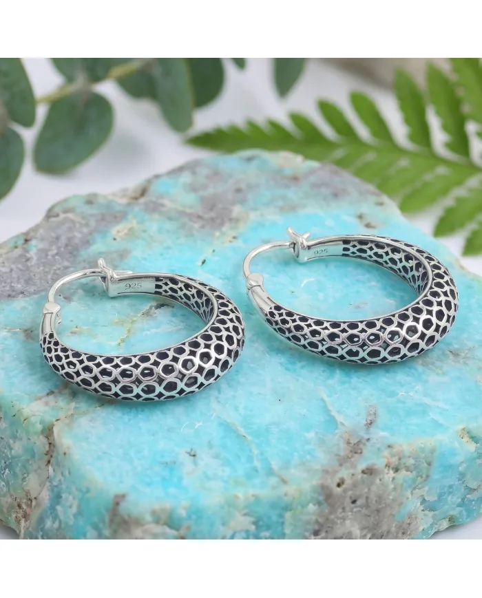 925 Sterling Silver Mesh Filigree Basket-Weave Hoop Earrings