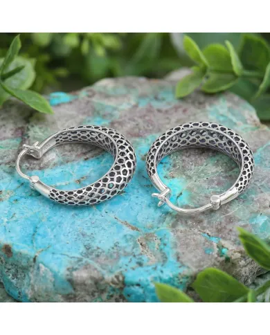 925 Sterling Silver Mesh Filigree Basket-Weave Hoop Earrings