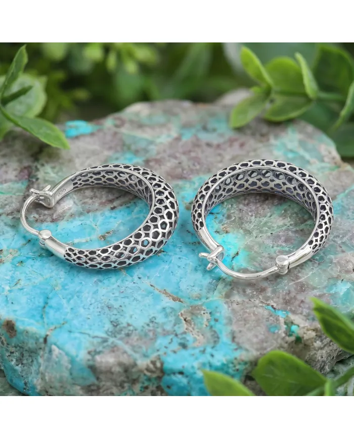 925 Sterling Silver Mesh Filigree Basket-Weave Hoop Earrings