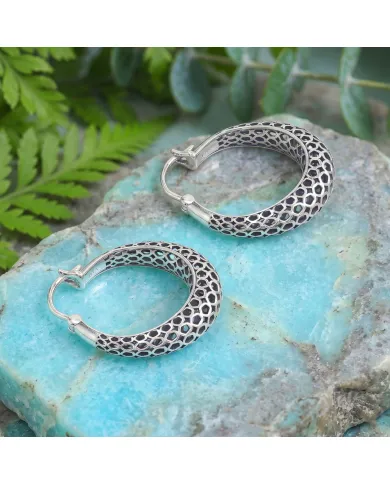 925 Sterling Silver Mesh Filigree Basket-Weave Hoop Earrings