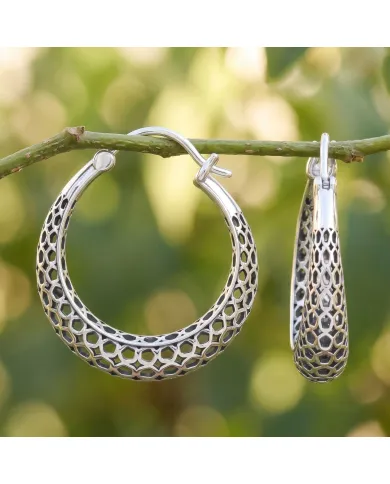 925 Sterling Silver Mesh Filigree Basket-Weave Hoop Earrings