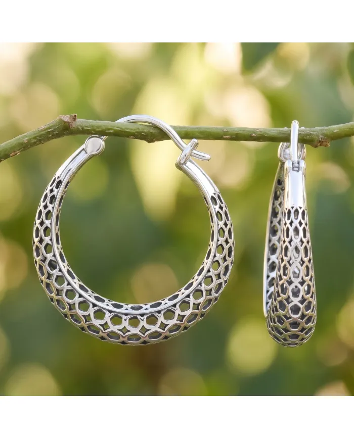 925 Sterling Silver Mesh Filigree Basket-Weave Hoop Earrings