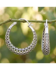 925 Sterling Silver Mesh Filigree Basket-Weave Hoop Earrings
