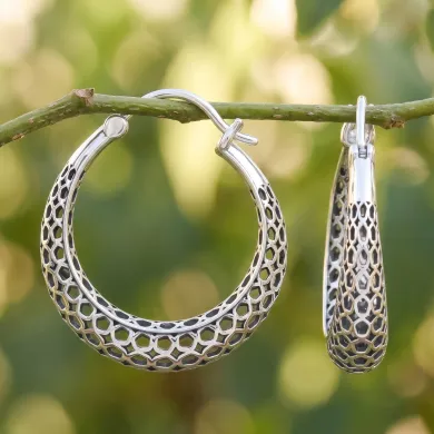 925 Sterling Silver Mesh Filigree Basket-Weave Hoop Earrings