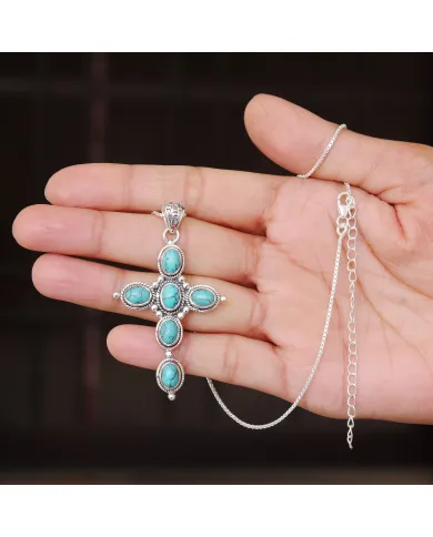 Tibetan Turquoise Cross Pendant - 925 Sterling Silver Necklace