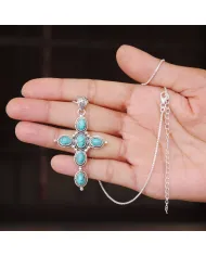 Tibetan Turquoise Cross Pendant - 925 Sterling Silver Necklace