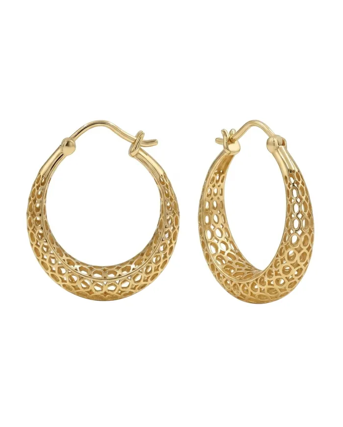 18K Gold Plated Mesh Filigree Basket-Weave Hoop Earrings