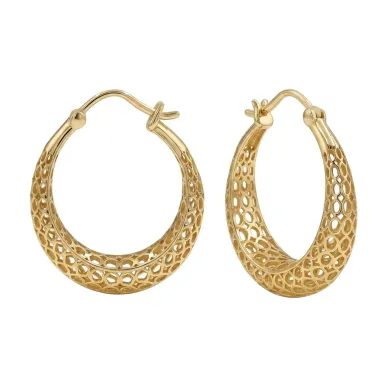 18K Gold Plated Mesh Filigree Basket-Weave Hoop Earrings