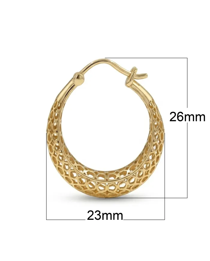 18K Gold Plated Mesh Filigree Basket-Weave Hoop Earrings