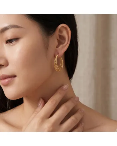 18K Gold Plated Mesh Filigree Basket-Weave Hoop Earrings