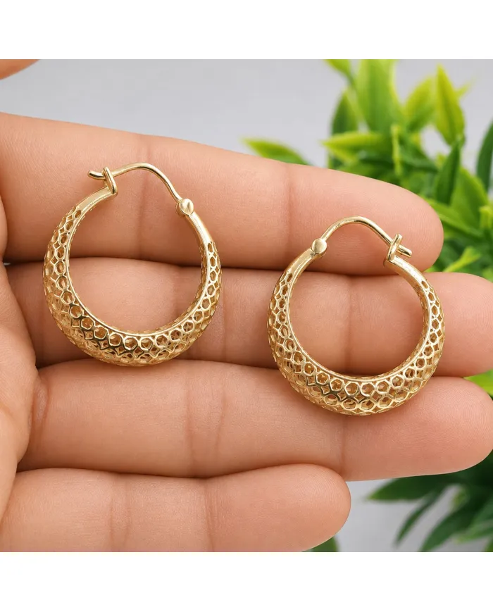 18K Gold Plated Mesh Filigree Basket-Weave Hoop Earrings