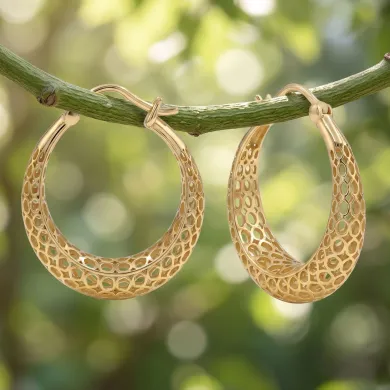 18K Gold Plated Mesh Filigree Basket-Weave Hoop Earrings