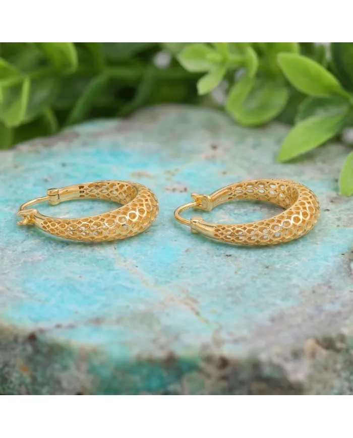 18K Gold Plated Mesh Filigree Basket-Weave Hoop Earrings