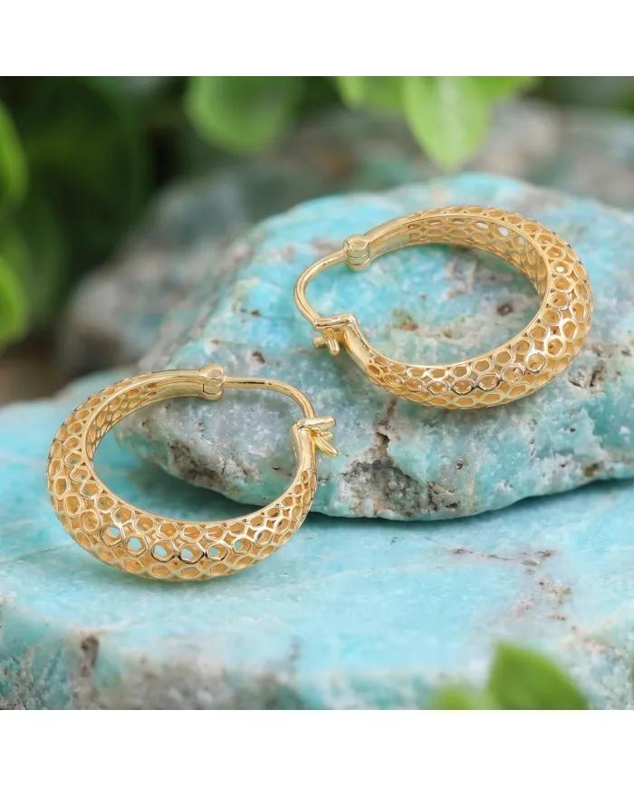18K Gold Plated Mesh Filigree Basket-Weave Hoop Earrings