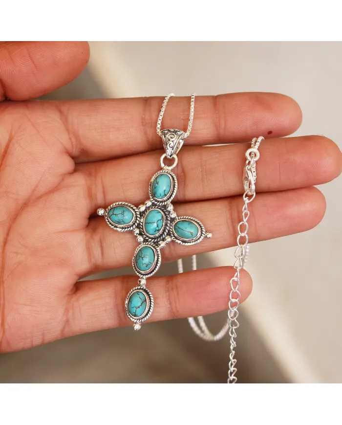 Tibetan Turquoise Cross Pendant - 925 Sterling Silver Necklace