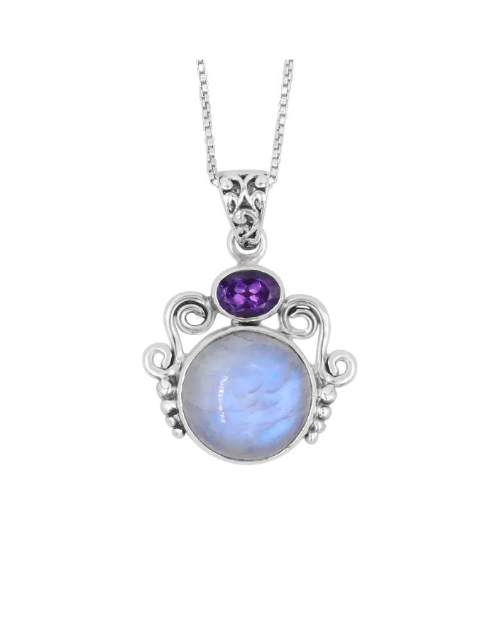 Rainbow Moonstone & Amethyst Pendant - 925 Sterling Silver Necklace