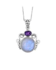 Rainbow Moonstone & Amethyst Pendant - 925 Sterling Silver Necklace