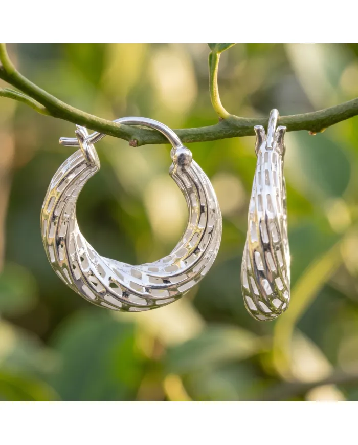 925 Sterling Silver Textured Mesh Hoop Earrings, Twisted Hoop Earrings