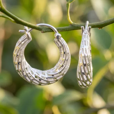 925 Sterling Silver Textured Mesh Hoop Earrings, Twisted Hoop Earrings