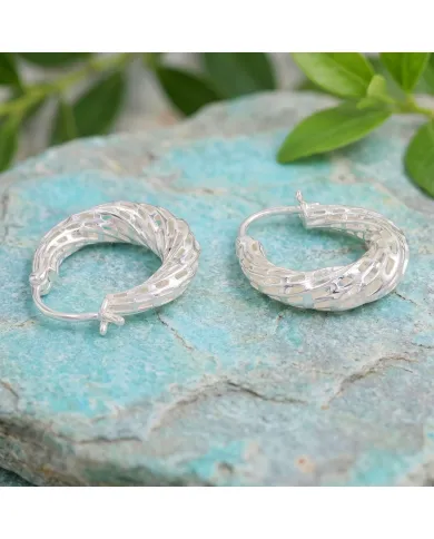 925 Sterling Silver Textured Mesh Hoop Earrings, Twisted Hoop Earrings