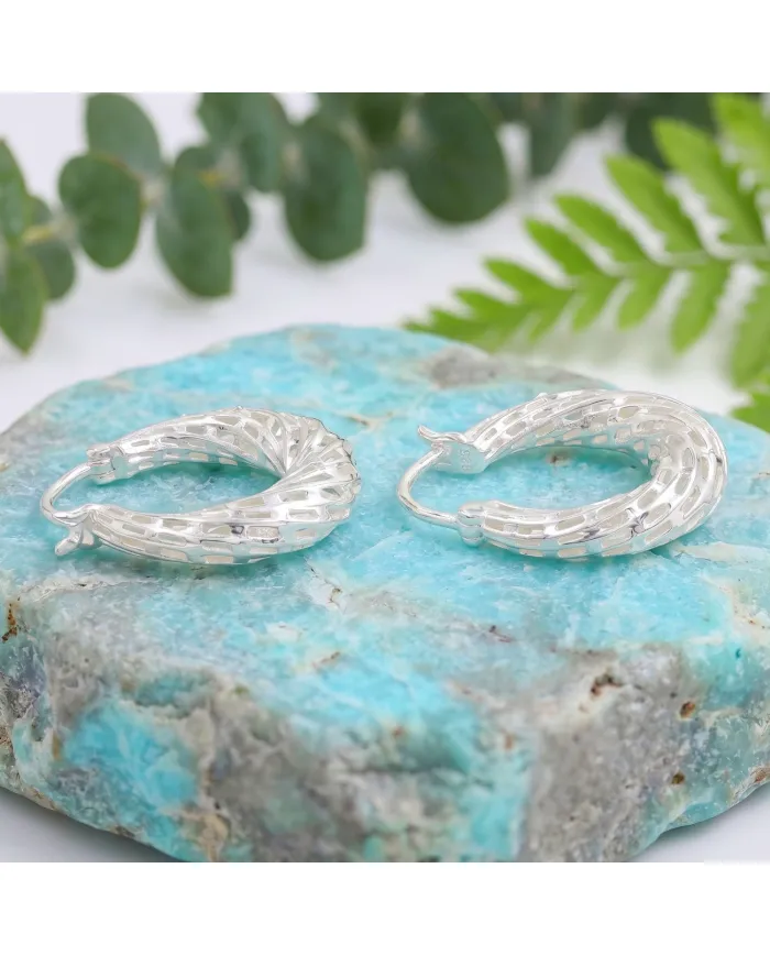 925 Sterling Silver Textured Mesh Hoop Earrings, Twisted Hoop Earrings