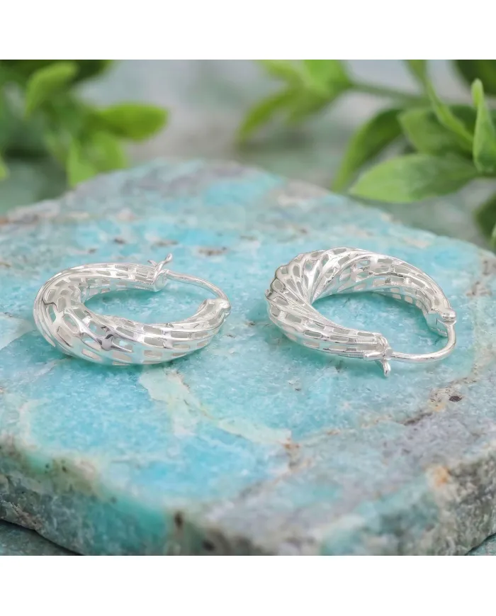 925 Sterling Silver Textured Mesh Hoop Earrings, Twisted Hoop Earrings