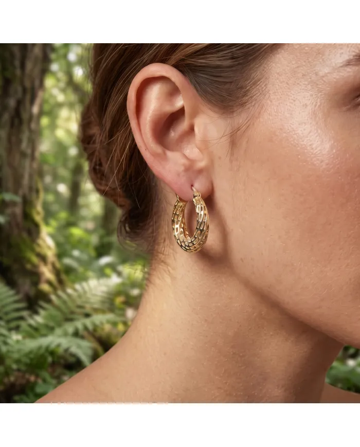 18K Gold Plated Textured Mesh Hoop Earrings, Twisted Hoop Earrings