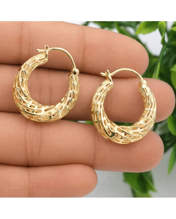 18K Gold Plated Textured Mesh Hoop Earrings, Twisted Hoop Earrings
