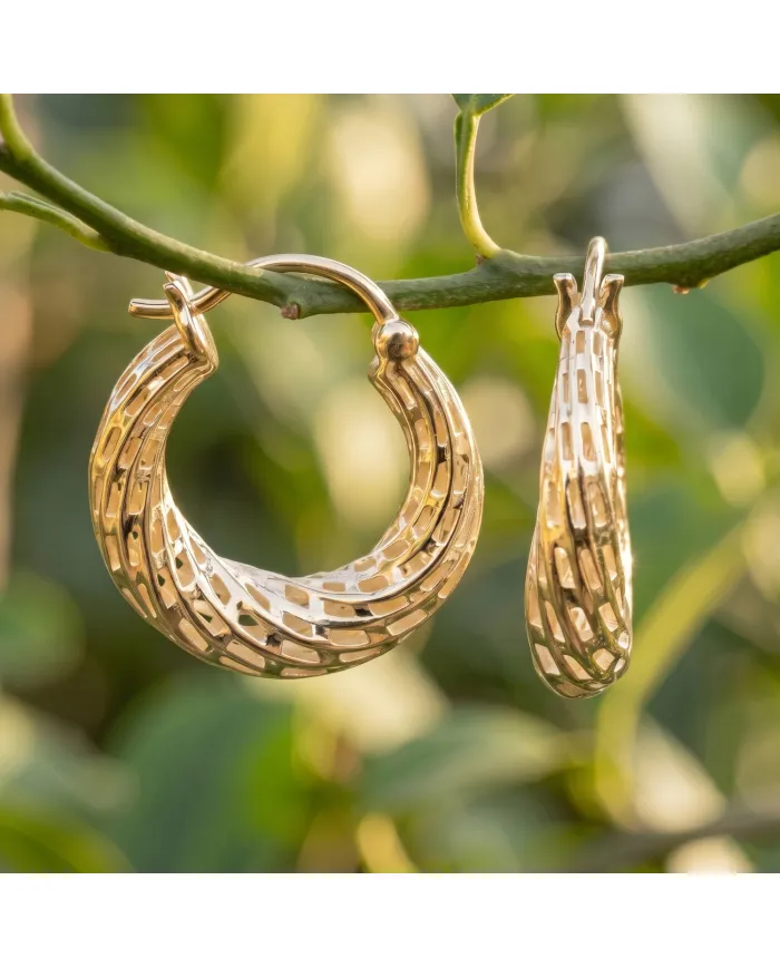 18K Gold Plated Textured Mesh Hoop Earrings, Twisted Hoop Earrings