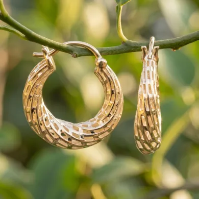 18K Gold Plated Textured Mesh Hoop Earrings, Twisted Hoop Earrings
