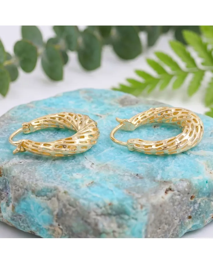 18K Gold Plated Textured Mesh Hoop Earrings, Twisted Hoop Earrings