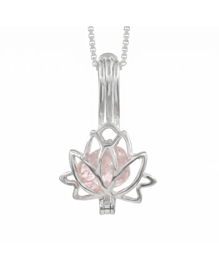 925 Sterling Silver Rose Quartz Lotus Cage Pendant Necklace for Women