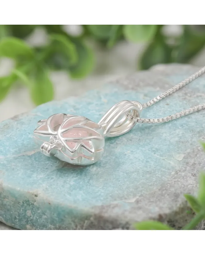 925 Sterling Silver Rose Quartz Lotus Cage Pendant Necklace for Women