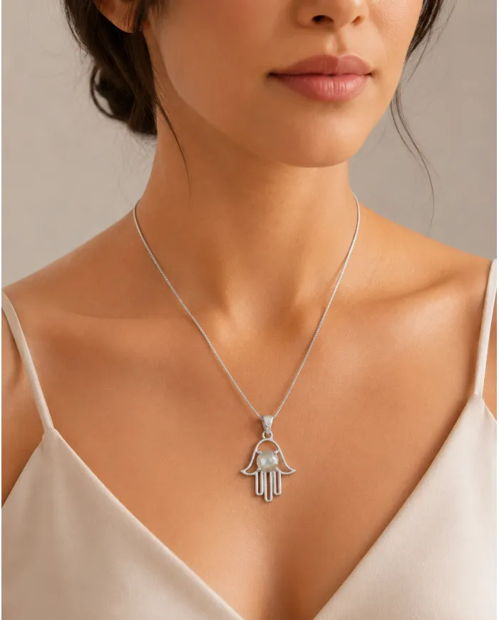 925 Sterling Silver Labradorite Hamsa Pendant Necklace