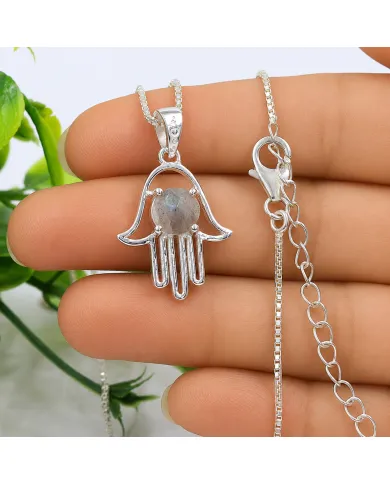925 Sterling Silver Labradorite Hamsa Pendant Necklace